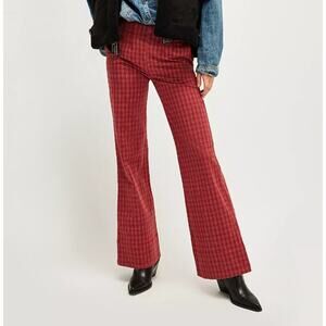 Free People Women's Sofia Wide Flare Pants Stretch High Rise Red Brown Plaid 2